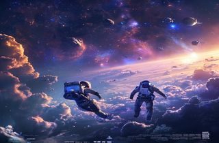 2026年暑期档科幻大片《星际漂流》海报，宇宙星云背景下宇航员漂浮，震撼视效适合4K在线观看